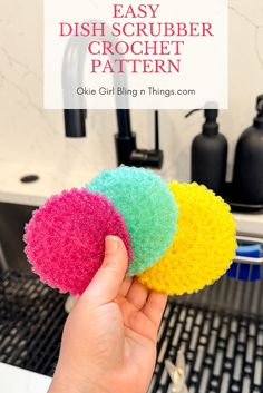 someone is holding three balls of yarn in their hand with the words easy dish scrubber crochet pattern