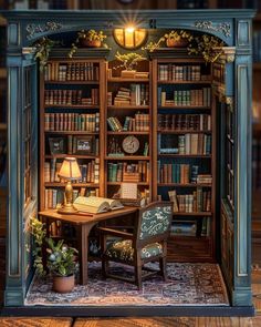 an open bookcase filled with lots of books next to a desk and lamp on top of a wooden floor