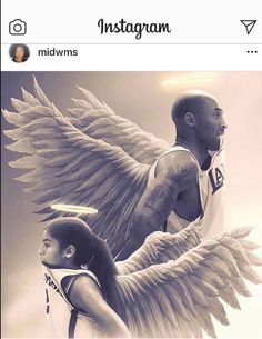 two basketball players with angel wings on their shoulders, facing each other and looking at the sky