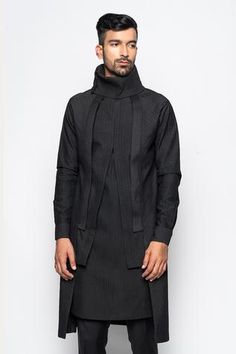 Shop for Amaare - Men Black Wool Bend Layered Kurta And Pant Set for Men Online at Aza Fashions Fitted Kurta For Workwear In Fall, Fitted Kurta For Designer Wear In Fall, Fitted Black Spring Kurta, Layered Kurta, Black Layers, Fabric Wool, Kurta With Pants, Pant Set, Black Wool