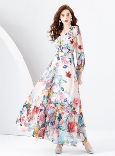 "Bursting with the vivid splendor of a blooming garden, this exquisite maxi dress is a sartorial tribute to the rejuvenating spirit of spring. A masterpiece draped in delicate chiffon, it features a full-length cascade of floral prints, as if a painter's wild brushstrokes have come to life on fabric. The plunging V-neckline and cinched waist offer a figure-flattering silhouette, balanced by long, sheer sleeves that whisper of elegance. Perfect for the woman who commands the room with her grace and poise, this dress is an ideal choice for upscale garden parties or whimsical outdoor weddings. It's not just a statement piece, but a wearable fantasy, promising to turn heads and capture hearts." Fabric name: chiffonPattern: printingSkirt length: medium and long skirtSleeve length: long sleevesC Printing Skirt, Blooming Garden, Sleeveless Dresses Casual, Push Up Swimsuit, Outdoor Weddings, Garden Parties, Pink Midi Dress, White Maxi, Maxi Dress Party