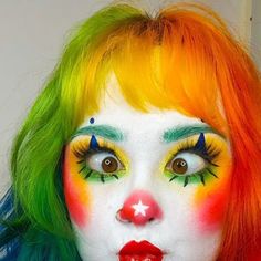 In Denial Reaction Pic, Flower Clown Makeup, Rainbow Clown Outfit, Clay Clown Face, Neon Clown Aesthetic, Clowncore Makeup Aesthetic