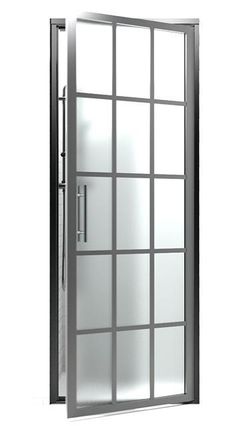 an open glass shower door on a white background