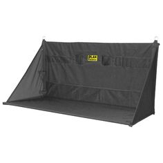 a black tent with a yellow tag on the front and bottom corner, attached to a white background