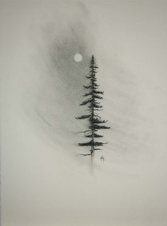 a black and white photo of trees in the fog with a full moon behind them