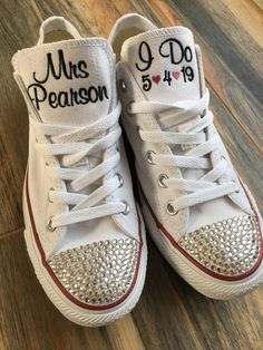 Getting Married?  What a great idea. THIS LISTING IS FOR SNEAKERS WITH  NAME and I DO w/ date on tongue ONLY ! Bling on the toe!You can purchase either the monochrome white with no red stripe or the traditional converse with the red stripe. Or coordinate with bridal party and pick a colored shoe. If you don't see a color you want please message me as I can usually get other colors direct from converse!The design will NOT come with exclamation point unless you specify that you want it.The design Wedding Shoes Groom, Monogram Converse, Bride Wedding Shoes, Biker Wedding, Low Top Converse, Exclamation Point, Wedding Shoes Bride, White Converse, Embroidered Wedding