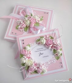 two cards with flowers and ribbons on them