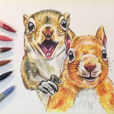 a drawing of two squirrels with their mouths open