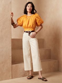 The Petite Wide-Leg Crop Jean | Banana Republic Cream Jeans, White Flares, Banana Republic Jeans, High Waisted Flares, Banana Republic Pants, Cropped Flares, Wide Leg Denim, Cropped Denim, Premium Denim