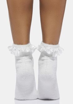 because you're ever-so-alluring. These socks have a fuzzy construction, an ankle length fit, and a satin ruffle trim. Ruffle Socks With Sneakers, White Ruffle Socks, White Frilly Socks, Socks With Sneakers, Ankle Warmers, Grippy Socks, Coquette Clothing, Ruffle Socks, Frilly Socks