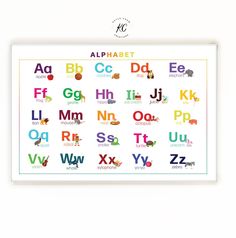 an alphabet poster with animals and letters on it's back side, in white frame