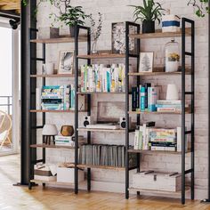 a living room with a book shelf filled with books