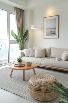 a living room filled with furniture next to a large glass window and a potted plant