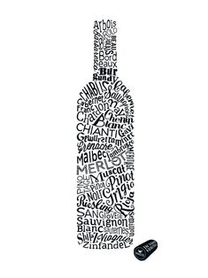 a black and white drawing of a wine bottle with words written all over the bottle