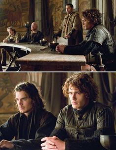 game of thrones actors sitting at a table in front of a man with long curly hair