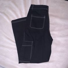 Size M Brand New With Tags Black Trousers With Contrast Stitching, Trendy Black Cargo Pants With Contrast Stitching, White Wide Leg Bottoms With Contrast Stitching, Black Wide Leg Pants With Contrast Stitching, Black Pants With Contrast Stitching, High Rise Black Pants With Contrast Stitching, High Waist Black Bottoms With Contrast Stitching, High-rise Black Pants With Contrast Stitching, Black High Waist Pants With Contrast Stitching