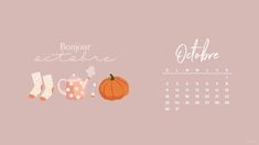 a desktop calendar with autumn items on the front and back cover, including socks, pumpkins, teapot, coffee pot