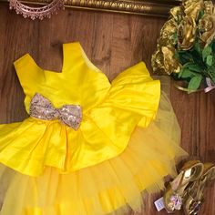 Beautiful Yellowtulle Dress W/Rose Gold Sequin Bow - Sleeveless, Zip-Up Back - Size 80 (Or U.S. 18-24 Months) New Never Used Fitted Yellow Princess Dress For Dress-up, Fitted Yellow Princess Dress For Party, Yellow Fitted Princess Dress For Dress-up, Fitted Yellow Princess Dress For Summer, Fitted Yellow Princess Dress For Spring, Yellow Princess Dress For Dress-up, Yellow Tulle Dress For Dress-up Occasions, Yellow Tulle Formal Dress, Yellow Tulle Dress With Ruffles