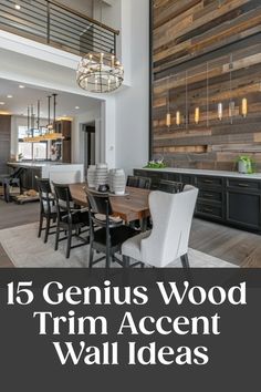 Modern dining room with a wood accent wall and a contemporary chandelier above a table set for six. Trim Accent Wall Ideas, Wood Trim Accent Wall, Trim Accent Wall, Accent Wall Ideas, Wood Plank Walls, Room Accent Wall, Farmhouse Interior Design, Diy Accent Wall, Wood Accent Wall