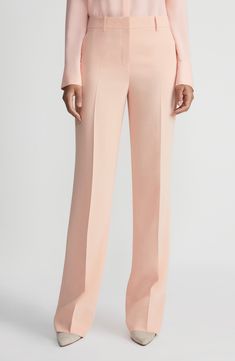 Smart tailoring meets fluid ease in these polished straight-leg pants with a high waist and pressed creases, front and back. 33" inseam; 21 1/2" leg opening; 10 1/2" front rise; 17 1/2" back rise (size 8) Zip fly with hook-and-bar closure Front slant pockets; back welt pockets Partially lined 71% acetate, 29% polyester Dry clean Imported Women's Designer Clothing Sleek Straight Hem Elastane Pants, Elegant Bottoms With Welt Pockets And Straight Silhouette, Modern Straight Silhouette Bottoms For Workwear, Workwear Pants With Welt Pockets And Straight Silhouette, Straight Silhouette Workwear Pants With Welt Pockets, Elegant Pants With Pressed Crease And Straight Silhouette, Elegant Straight Silhouette Pants With Pressed Crease, Straight Silhouette Office Pants With Pressed Crease, Elegant Straight Pants With Pressed Crease