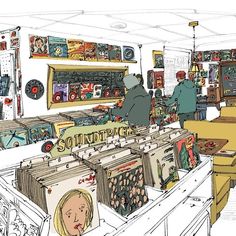 an artist's rendering of a record shop with records on the shelves and people looking at them