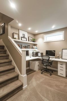 a home office with stairs leading up to the second floor