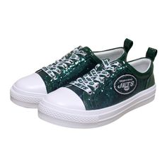 Shine bright amongst the rest when you slip on these New York Jets sneakers from Cuce. They feature sparkly sequins and the New York Jets logo embroidered on the side to elevate your fandom in dazzling style. Sporty Sneakers With Glitter Accents For Streetwear, Low-top Glitter Sneakers For Streetwear, Low-top Glitter Sneakers For Sports, Streetwear Low-top Sneakers With Glitter Accents, Casual Low-top Sneakers With Glitter Print, Glitter Print Lace-up Sneakers For Streetwear, Lace-up Synthetic Sneakers With Glitter Print, Glitter Print Lace-up Synthetic Sneakers, Lace-up Sneakers With Glitter Print