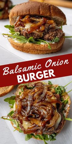 two burgers sitting on top of each other with the words balsamic onion burger