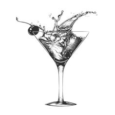 a drawing of a martini glass with an olive garnish on the rim and splashing liquid