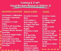 the menu for cooking and craft visual recipes