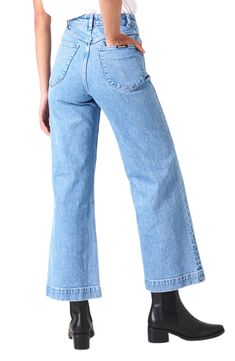 Fall for the silhouette of these high-waist jeans made from stretch-kissed denim in a light-blue wash with retro patch pockets and wide ankle-grazing hems. 28" inseam; 23" leg opening; 12 1/2" front rise; 14 1/2" back rise (size 29) Zip fly with button closure Five-pocket style 99% cotton, 1% elastane Machine wash, line dry Imported High Waist Light Wash Rigid Denim Cropped Jeans, Medium Wash Rigid Denim Cropped Leg Flare Jeans, High Rise Light Blue Denim Flare Jeans, High Rise Light Wash Cropped Jeans With Five Pockets, High Rise Light Blue Flare Jeans, Light Wash Flare Cropped Denim Jeans, Flare Light Wash Cropped Denim Jeans, Light Wash Flare Cropped Jeans, Retro Wide Leg Light Wash Flare Jeans