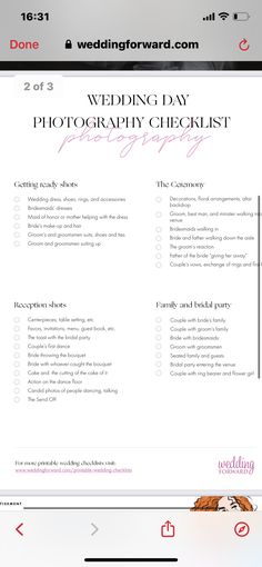 the wedding day photography checklist is displayed on an iphone screen, with text below it