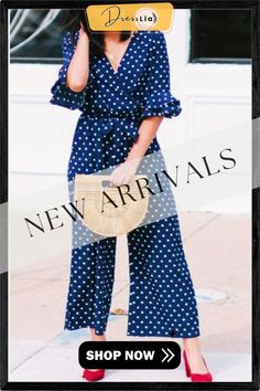 Polka Dot Hlaf Sleeve Jumpsuit Chic Polka Dot Jumpsuits And Rompers For Summer, Casual Polka Dot Jumpsuits And Rompers For Summer, Fitted Polka Dot Casual Jumpsuits And Rompers, Casual Fitted Polka Dot Jumpsuits And Rompers, Casual Fitted Polka Dot Jumpsuit, Summer V-neck Polka Dot Jumpsuits And Rompers, Casual V-neck Polka Dot Jumpsuits And Rompers, Polka Dot Jumpsuit, Jumpsuit With Sleeves