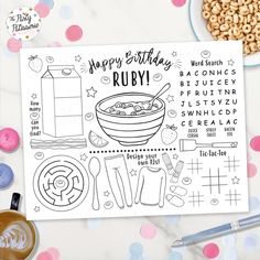 happy birthday ruby coloring page with cereal, milk and other food items on the table