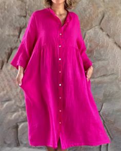 Plus Size Button-Down Long Sleeve Plain Linen Shirt Dress Oversized Solid Color Button-up Dress, Oversized Button-up Solid Color Dress, Solid Color Button-up Relaxed Fit Dress, Relaxed Fit Button-up Dress In Solid Color, Relaxed Fit Solid Color Button-up Dress, Relaxed Fit Button-up Solid Color Dress, Relaxed Fit Button-up Solid Dress, Pink Long Sleeve Relaxed Fit Shirt Dress, Pink Relaxed Fit Long Sleeve Shirt Dress