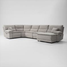 Modern style includes reclining that doesn’t look like reclining—like our Brookdale 5-Piece Dual-Power Reclining Sectional. Adjustable headrest and footrest, cozy deep seats and lots of cushions and pillows—it doesn’t get any comfier. | Brookdale 5-Piece Dual-Power Reclining Sectional with Right-Facing Chaise and 2 Reclining Seats in Ivory | American Signature Furniture Reclining Sectional With Chaise, Comfortable Sectional Sofa, Power Reclining Sectional Sofa, Comfortable Sectional, Sectional With Chaise, Recliner Couch, American Signature Furniture, Value City Furniture, House Renovation