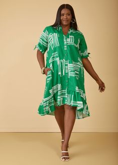 Stripes add unique artistry to the relaxed feel of our linen and cotton-blend dress with a hi-low hem and adjustable sleeve cuffs. Summer Dresses With Kimono Sleeves, Free Size, Plus Size Linen Dress, Plus Size Vacation, Hi Low Dress, Plus Size Linen, Asymmetric Dress, Cotton Blends Dress, Hi Low Dresses, Ashley Stewart