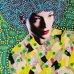 a woman's face is surrounded by circles and dots on a multicolored background