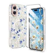 the back and side view of an iphone case with daisies on it, next to another