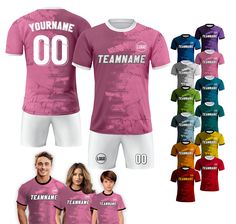 Our Custom soccer jersey are designed to be sleek and dynamic, perfect for showcases your style and energy for the match or casual day. Available in XS-5XL sizes for men, women, youth and toddler in many color options, these Personalized Soccer Jersey offer exceptional durability and resistance to wear and tear, making them an investment that will accompany you through any matches and seasons.  🎨If you have any REQUEST or OTHER DESIGN IDEA to re-custom the pattern or color, simply MESSAGE US an Pink Short Sleeve Jersey For Sports Season, Multicolor Short Sleeve Sports Jersey, Pink Short Sleeve Jersey For Sports, Pink Tops With Team Logo For Sports Season, Pink Moisture-wicking Top For Sports Events, Sports Team Name Pink T-shirt, Sportswear Jersey With Letter Print Short Sleeve, Short Sleeve Sportswear Jersey With Letter Print, Breathable Short Sleeve Sportswear Jersey