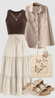 #casual #churchoutfit #brown #modest #outfit #brownaesthetic #skirt #neutral #spring #ootd #outfitinspo #modestfashion #summer #beach #vacation Modest Summer Outfits, Elegante Casual