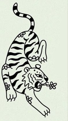 a black and white drawing of a tiger on the back of another animal's body