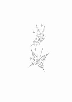 two butterflies flying in the sky with stars around them on a white background, drawn by hand