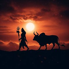 the silhouette of two people walking in front of an orange sky with a bull and demon on it