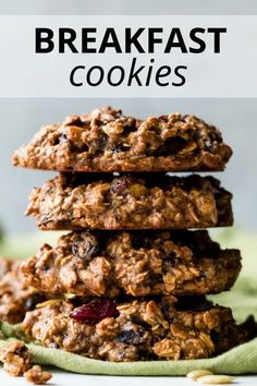 three oatmeal breakfast cookies stacked on top of each other with text overlay