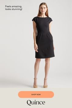 Ready to go for work or date night, this simple-yet-elegant cap sleeve dress is part of our best-selling ponte collection. You’ll feel like a boss thanks to the smooth, streamlined fit of our thick, stretchy knit fabric that’s as comfortable as it is alluring. And it looks great dressed up or down.  | Quince | Women's Ultra-Stretch Ponte Cap Sleeve Dress in Black, Size Large, Rayon Cap Sleeve Dress, Capped Sleeve Dress, Like A Boss, Short Sleeve Dress, Ready To Go, Quince, Cap Sleeve, Sleeve Dress, Feel Like