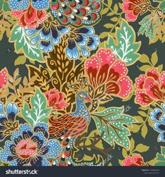 colorful floral pattern with peacocks and flowers