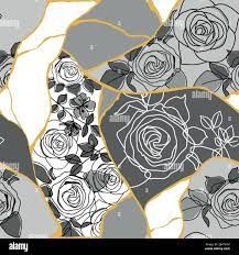 black and white roses on grey background with gold trimmings - stock image / illustration