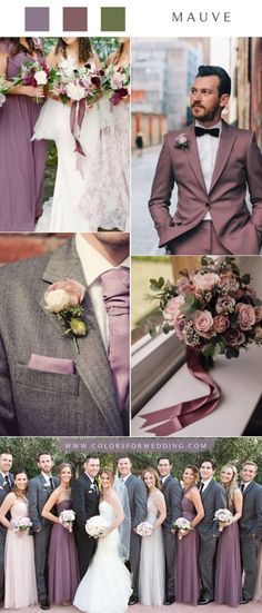 the wedding party is dressed in purple and gray colors, including tuxedo jackets