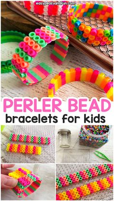 the instructions to make perler bead bracelets for kids are shown in this collage